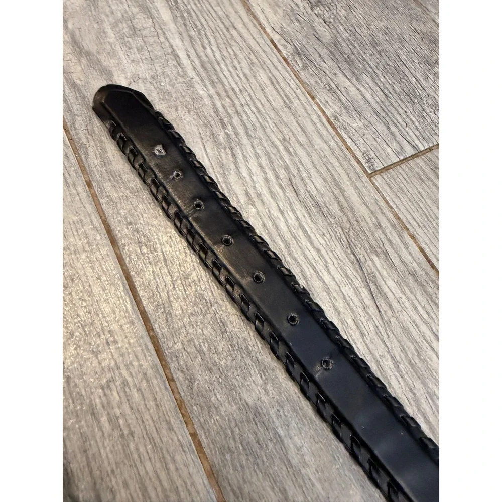 Braided Edge Genuine Leather Belt Mens 44 Black Whipstitch Silver Buckle Western